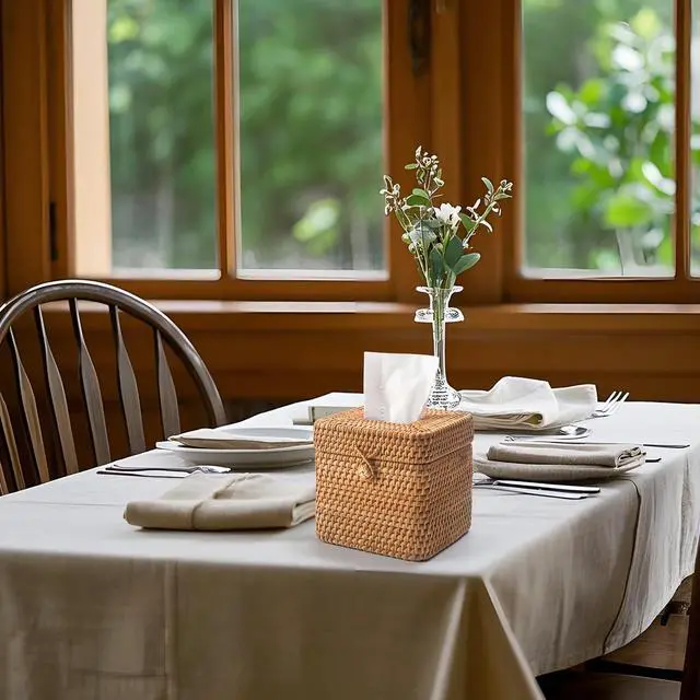 Alt view image 7 of 7 - Rattan Tissue Box Cover Square, Wicker Tissue Box Holder with Lid, Natural Woven Facial Tissue Holder for Bathroom, Kitchen, Living Room (Natural)