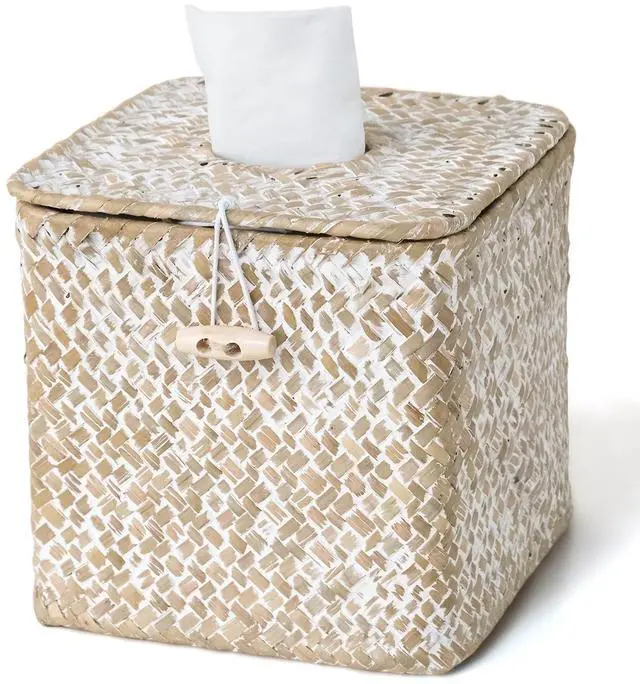 Main image of Tissue Box Cover Square, Woven Seagrass Tissue Box Holder with Lid, Wicker Tissue Box Decorative Facial Cube Tissue Cover for Bathroom Office Table, Whitewash