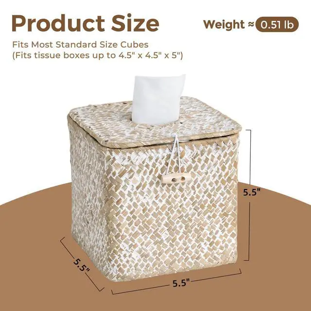 Alt view image 3 of 7 - Tissue Box Cover Square, Woven Seagrass Tissue Box Holder with Lid, Wicker Tissue Box Decorative Facial Cube Tissue Cover for Bathroom Office Table, Whitewash