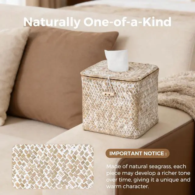 Alt view image 7 of 7 - Tissue Box Cover Square, Woven Seagrass Tissue Box Holder with Lid, Wicker Tissue Box Decorative Facial Cube Tissue Cover for Bathroom Office Table, Whitewash