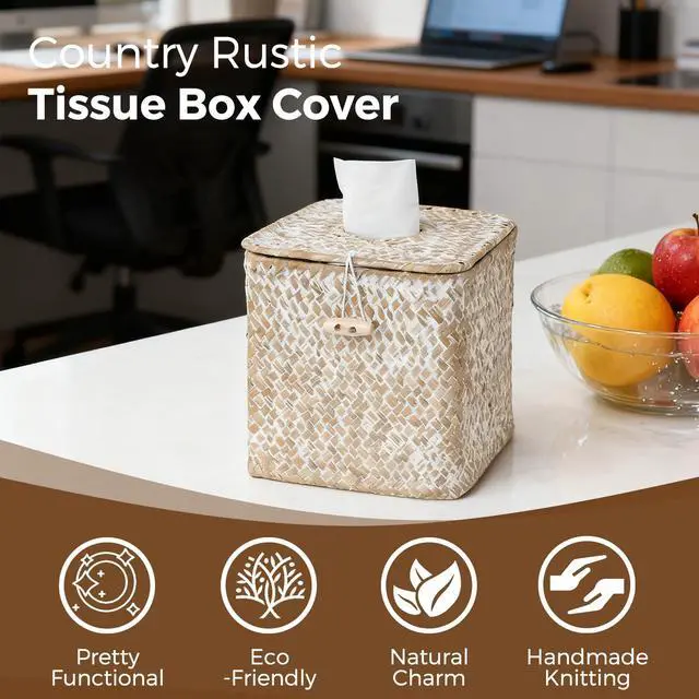 Alt view image 4 of 7 - Tissue Box Cover Square, Woven Seagrass Tissue Box Holder with Lid, Wicker Tissue Box Decorative Facial Cube Tissue Cover for Bathroom Office Table, Whitewash