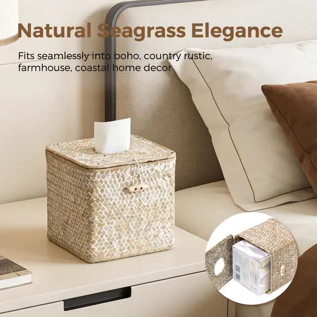 Alt view image 5 of 7 - Tissue Box Cover Square, Woven Seagrass Tissue Box Holder with Lid, Wicker Tissue Box Decorative Facial Cube Tissue Cover for Bathroom Office Table, Whitewash
