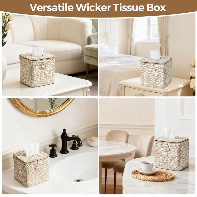 Alt view image 6 of 7 - Tissue Box Cover Square, Woven Seagrass Tissue Box Holder with Lid, Wicker Tissue Box Decorative Facial Cube Tissue Cover for Bathroom Office Table, Whitewash