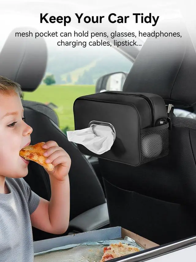 Alt view image 2 of 6 - Multi-Functional Car Tissue Holder with 2 Storage Nets, Upgraded PU Leather Tissue Box Cover, Large Rectangle Napkin Organizer Fit for 100-160 Regular Size Tissues, Keep Car Tidy, Black