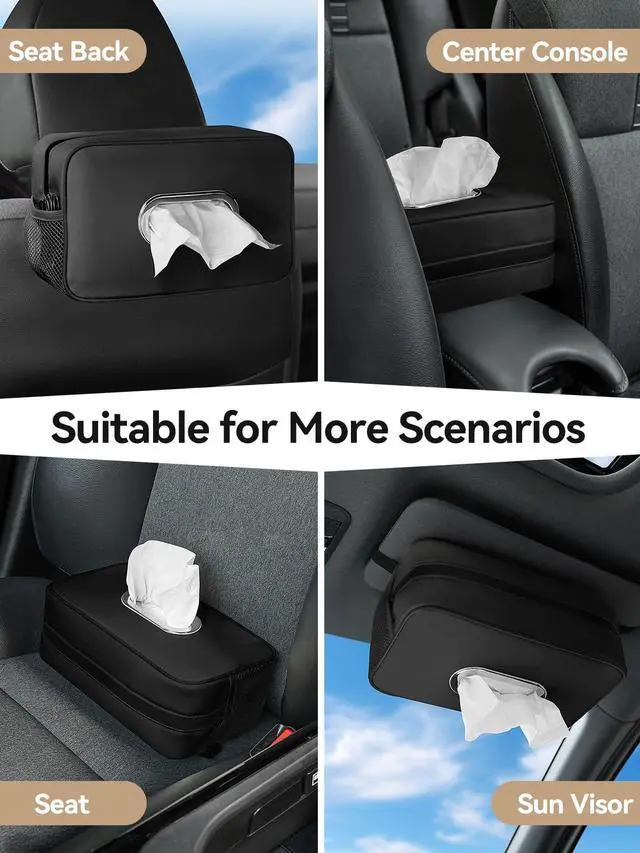 Alt view image 3 of 6 - Multi-Functional Car Tissue Holder with 2 Storage Nets, Upgraded PU Leather Tissue Box Cover, Large Rectangle Napkin Organizer Fit for 100-160 Regular Size Tissues, Keep Car Tidy, Black
