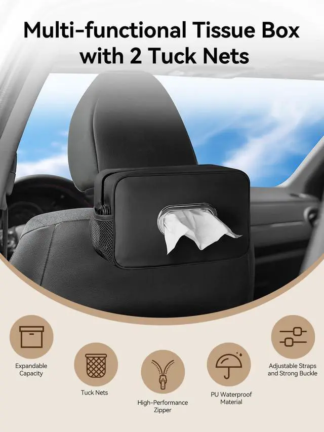 Alt view image 4 of 6 - Multi-Functional Car Tissue Holder with 2 Storage Nets, Upgraded PU Leather Tissue Box Cover, Large Rectangle Napkin Organizer Fit for 100-160 Regular Size Tissues, Keep Car Tidy, Black