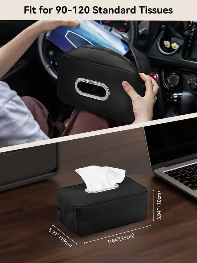 Alt view image 5 of 6 - Multi-Functional Car Tissue Holder with 2 Storage Nets, Upgraded PU Leather Tissue Box Cover, Large Rectangle Napkin Organizer Fit for 100-160 Regular Size Tissues, Keep Car Tidy, Black