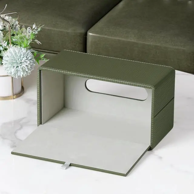 Alt view image 3 of 7 - PU Leather Tissue Box Cover Rectangle with Magnetic Closure, Modern Tissue Box Holder for Bathroom NightStands Livingroom, Decorative Tissue Holder for 120(3-Ply)/160(2-Ply) Tissue Box (Green)