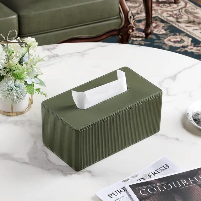 Alt view image 6 of 7 - PU Leather Tissue Box Cover Rectangle with Magnetic Closure, Modern Tissue Box Holder for Bathroom NightStands Livingroom, Decorative Tissue Holder for 120(3-Ply)/160(2-Ply) Tissue Box (Green)