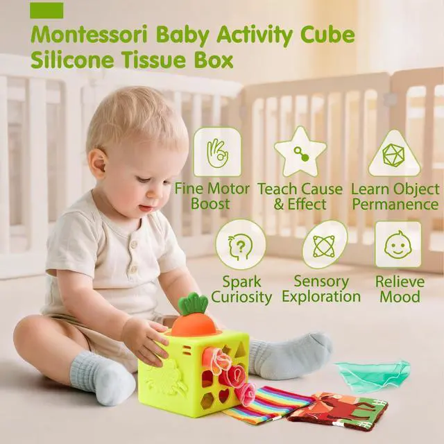 Alt view image 2 of 7 - Silicone Baby Tissue Box Toy - Baby Toys 6-12 Months Montessori Toys for 6 Month Old Babies, 6-in-1 Soft Busy Activity Cube with Scarves, Crinkle, Textures, Mirror, Sensory Popper 9 Month Old