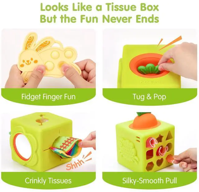 Alt view image 4 of 7 - Silicone Baby Tissue Box Toy - Baby Toys 6-12 Months Montessori Toys for 6 Month Old Babies, 6-in-1 Soft Busy Activity Cube with Scarves, Crinkle, Textures, Mirror, Sensory Popper 9 Month Old