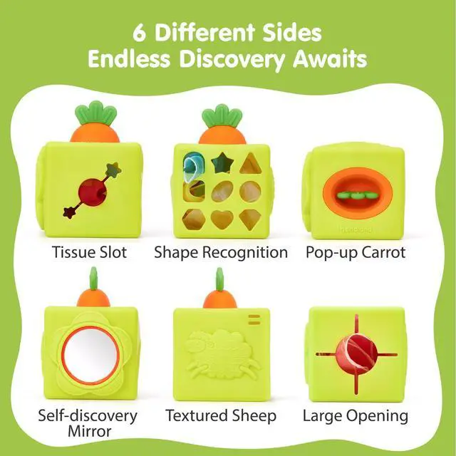 Alt view image 3 of 7 - Silicone Baby Tissue Box Toy - Baby Toys 6-12 Months Montessori Toys for 6 Month Old Babies, 6-in-1 Soft Busy Activity Cube with Scarves, Crinkle, Textures, Mirror, Sensory Popper 9 Month Old