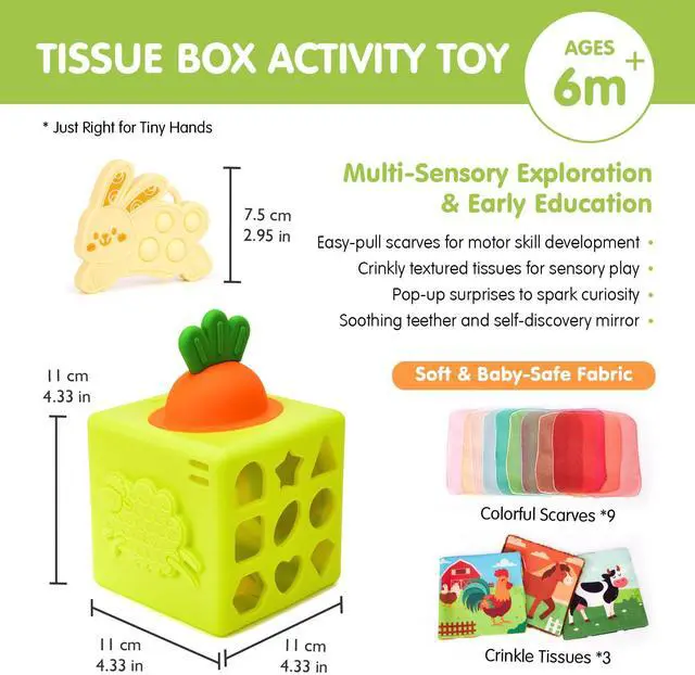 Alt view image 7 of 7 - Silicone Baby Tissue Box Toy - Baby Toys 6-12 Months Montessori Toys for 6 Month Old Babies, 6-in-1 Soft Busy Activity Cube with Scarves, Crinkle, Textures, Mirror, Sensory Popper 9 Month Old