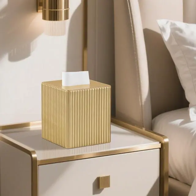 Alt view image 3 of 7 - PU Leather Tissue Box Cover Square, Cube Tissue Box Holder with Magnetic Closure, Decorative Tissue Holder for Bathroom Bedroom Office (Gold, Square)