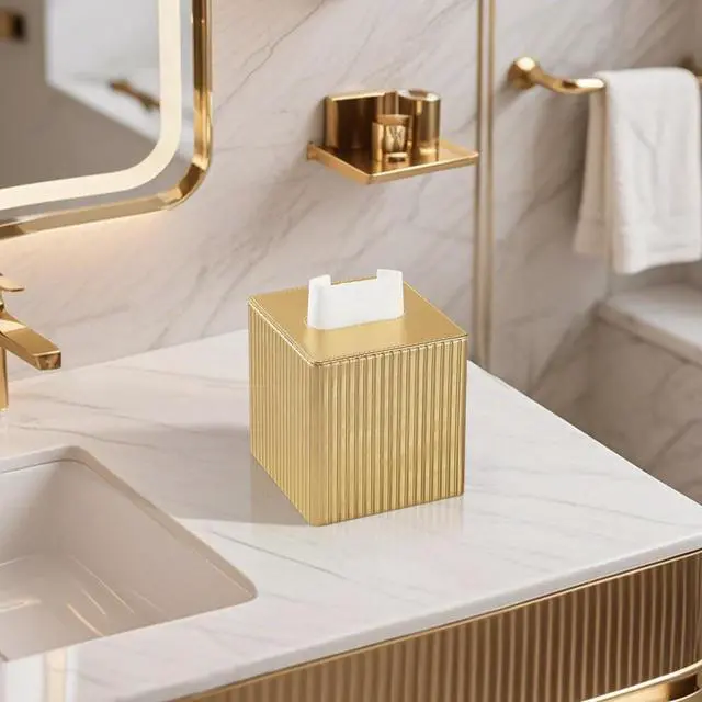 Alt view image 2 of 7 - PU Leather Tissue Box Cover Square, Cube Tissue Box Holder with Magnetic Closure, Decorative Tissue Holder for Bathroom Bedroom Office (Gold, Square)