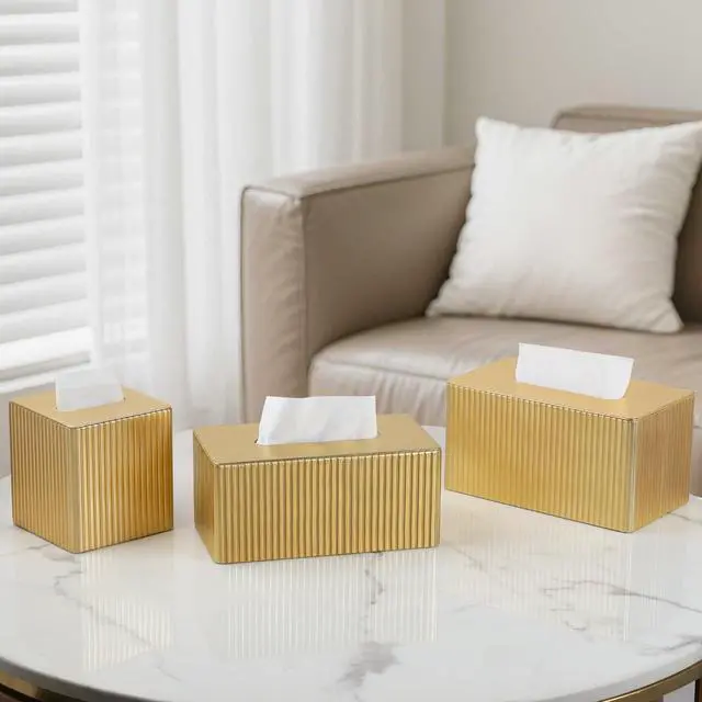 Alt view image 5 of 7 - PU Leather Tissue Box Cover Square, Cube Tissue Box Holder with Magnetic Closure, Decorative Tissue Holder for Bathroom Bedroom Office (Gold, Square)