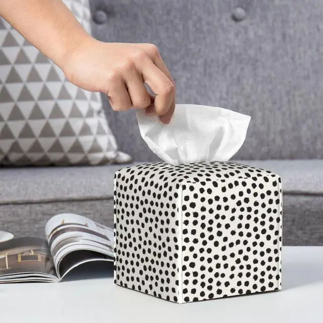 Alt view image 6 of 7 - Polka Dot Black Circle Tissue Box Cover Square,Abstract Round Brush Strokes Tissue Box Holder Waterproof Leather Facial Paper Organizer Dispenser for Bathroom Home Car Nightstand Vanity Desk