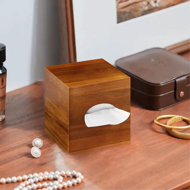 Alt view image 4 of 7 - Square Tissue Box Cover, Acacia Wood Tissue Box Holder for Desktop Nightstand Bathroom Office, Decorative Facial Tissue Cube Box Cover/Organizer for Modern Home Decor