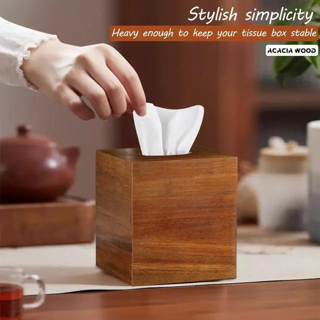 Alt view image 2 of 7 - Square Tissue Box Cover, Acacia Wood Tissue Box Holder for Desktop Nightstand Bathroom Office, Decorative Facial Tissue Cube Box Cover/Organizer for Modern Home Decor