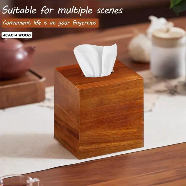 Alt view image 5 of 7 - Square Tissue Box Cover, Acacia Wood Tissue Box Holder for Desktop Nightstand Bathroom Office, Decorative Facial Tissue Cube Box Cover/Organizer for Modern Home Decor