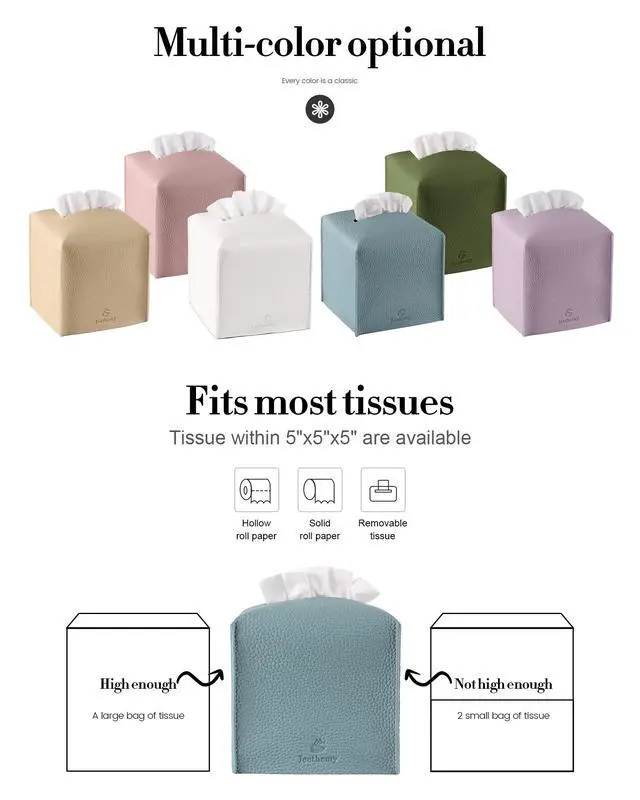 Alt view image 6 of 7 - Tissue Box Cover, Square PU Leather Tissue Box Holder, Modern Tissue Case Facial Paper Organizer Dispenser5X5X5'',Single Blue