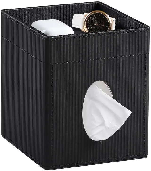 Main image of Square Tissue Box Cover with Tray, PU Leather Tissue Box Holder Decorative Cube Tissue Holder for Bathroom Bedroom Office (Black)