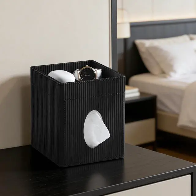 Alt view image 2 of 7 - Square Tissue Box Cover with Tray, PU Leather Tissue Box Holder Decorative Cube Tissue Holder for Bathroom Bedroom Office (Black)