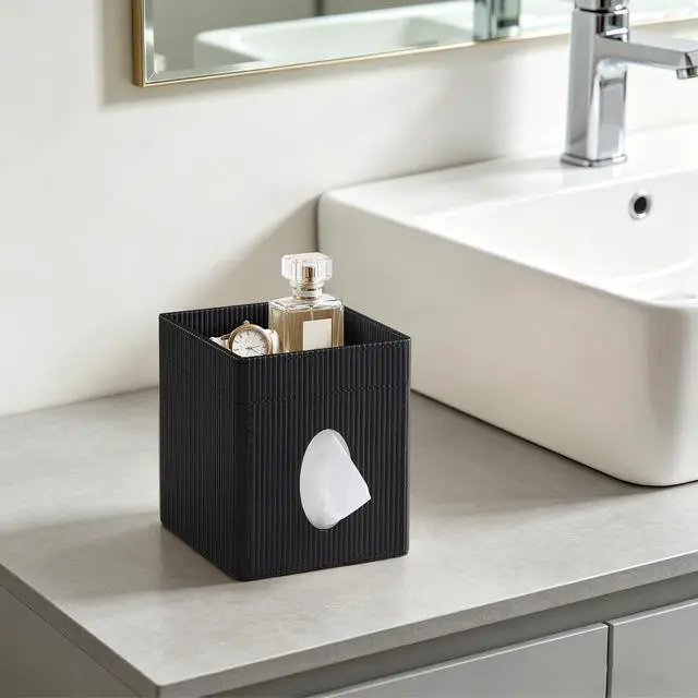 Alt view image 4 of 7 - Square Tissue Box Cover with Tray, PU Leather Tissue Box Holder Decorative Cube Tissue Holder for Bathroom Bedroom Office (Black)
