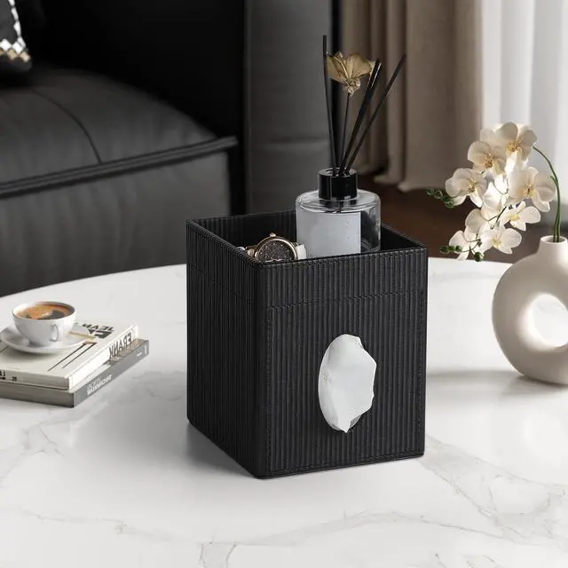 Alt view image 5 of 7 - Square Tissue Box Cover with Tray, PU Leather Tissue Box Holder Decorative Cube Tissue Holder for Bathroom Bedroom Office (Black)
