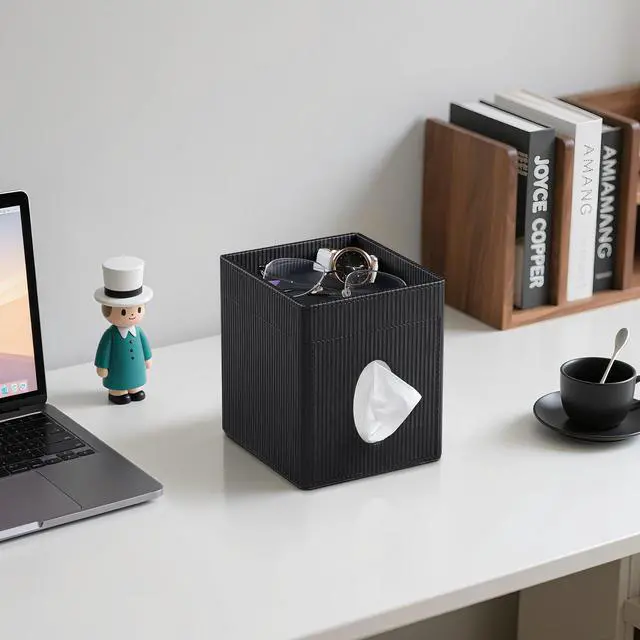 Alt view image 6 of 7 - Square Tissue Box Cover with Tray, PU Leather Tissue Box Holder Decorative Cube Tissue Holder for Bathroom Bedroom Office (Black)