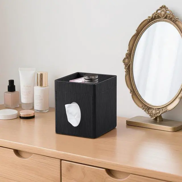 Alt view image 7 of 7 - Square Tissue Box Cover with Tray, PU Leather Tissue Box Holder Decorative Cube Tissue Holder for Bathroom Bedroom Office (Black)