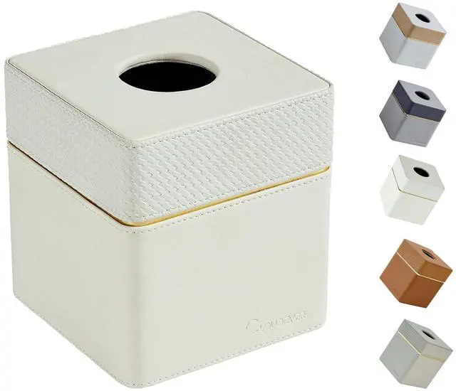 Main image of Tissue Box Holder Cover Square, Modern PU Leather Decorative Tissue Cube Holder Organizer-Woven White