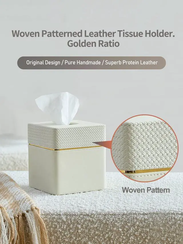 Alt view image 2 of 7 - Tissue Box Holder Cover Square, Modern PU Leather Decorative Tissue Cube Holder Organizer-Woven White