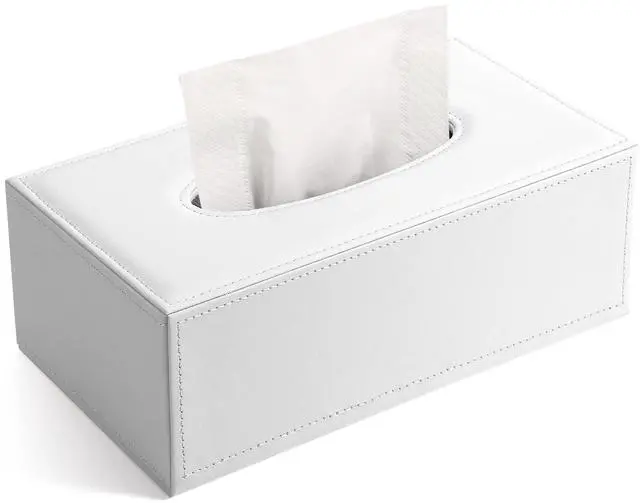 Main image of Rectangular PU Leather Tissue Box Cover - Facial Tissue Paper Napkin Holder for Bathroom, Home, Office, Car Automotive Decoration with Magnetic Bottom(White)