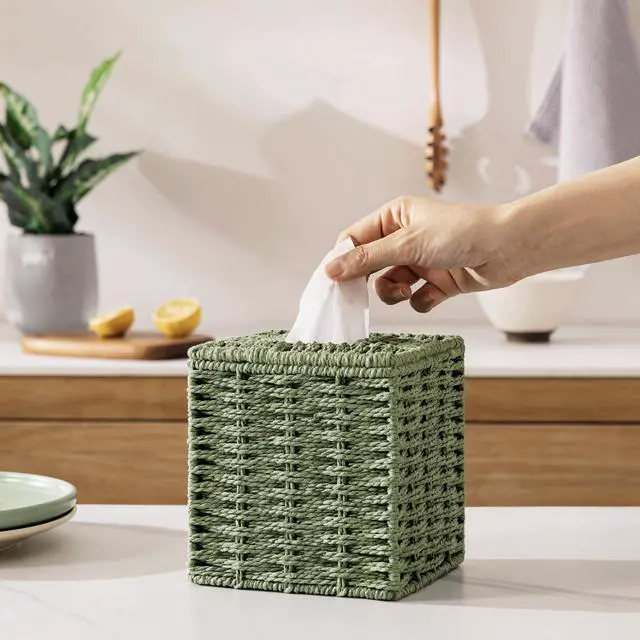 Alt view image 3 of 7 - Sage Green Tissue Box Cover, Paper Rope Hand Woven Square Tissue Box Holder for Home Decor, Bathroom Countertop, Office, Bedside Table