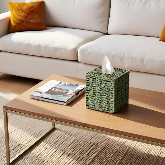 Alt view image 4 of 7 - Sage Green Tissue Box Cover, Paper Rope Hand Woven Square Tissue Box Holder for Home Decor, Bathroom Countertop, Office, Bedside Table