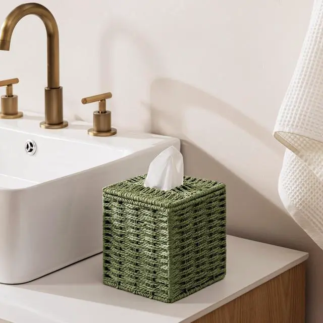 Alt view image 7 of 7 - Sage Green Tissue Box Cover, Paper Rope Hand Woven Square Tissue Box Holder for Home Decor, Bathroom Countertop, Office, Bedside Table