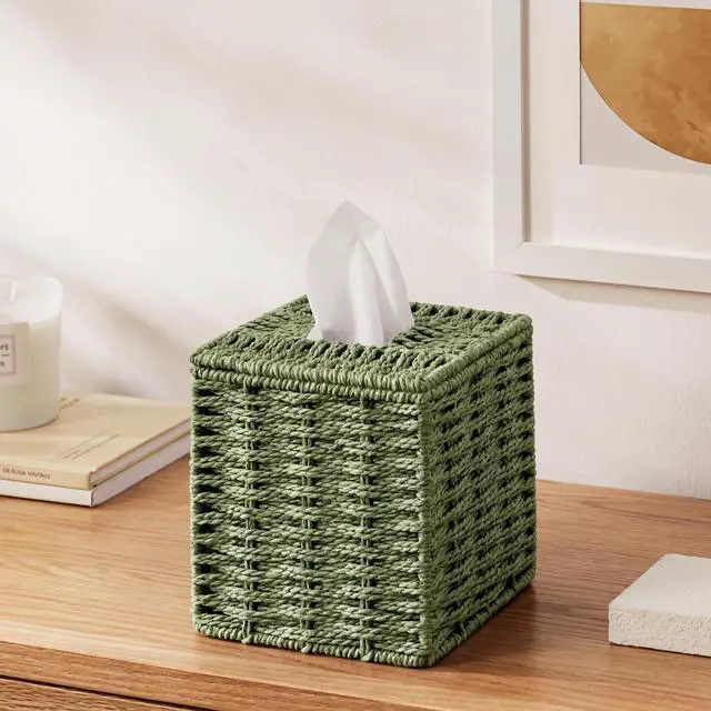 Alt view image 6 of 7 - Sage Green Tissue Box Cover, Paper Rope Hand Woven Square Tissue Box Holder for Home Decor, Bathroom Countertop, Office, Bedside Table