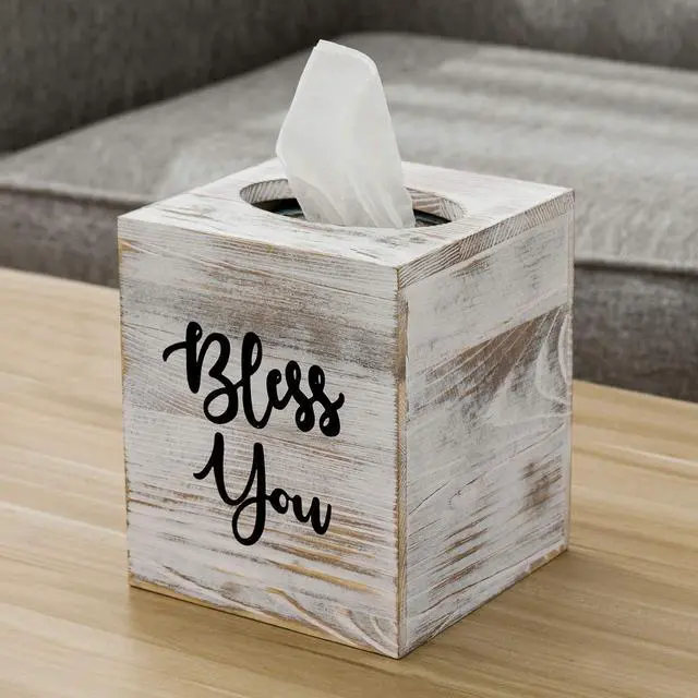 Main image of White Washed Solid Wood Square Tissue Box Cover Holder Decorative Tissue Dispenser Bath Decor with Bless You Design and Easy Refill Slide Out Bottom