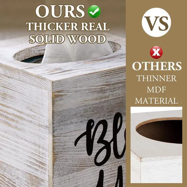 Alt view image 2 of 7 - White Washed Solid Wood Square Tissue Box Cover Holder Decorative Tissue Dispenser Bath Decor with Bless You Design and Easy Refill Slide Out Bottom