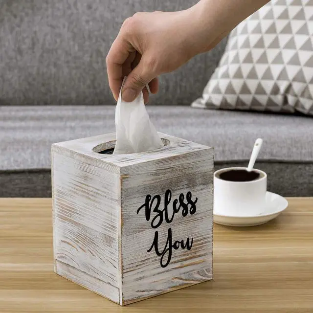Alt view image 3 of 7 - White Washed Solid Wood Square Tissue Box Cover Holder Decorative Tissue Dispenser Bath Decor with Bless You Design and Easy Refill Slide Out Bottom