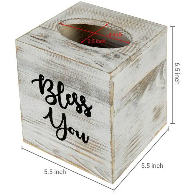Alt view image 4 of 7 - White Washed Solid Wood Square Tissue Box Cover Holder Decorative Tissue Dispenser Bath Decor with Bless You Design and Easy Refill Slide Out Bottom