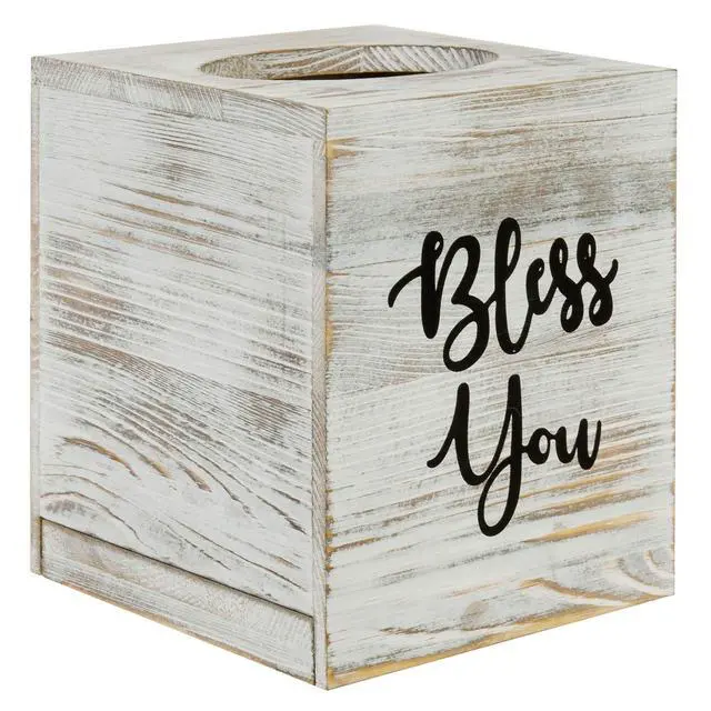 Alt view image 5 of 7 - White Washed Solid Wood Square Tissue Box Cover Holder Decorative Tissue Dispenser Bath Decor with Bless You Design and Easy Refill Slide Out Bottom