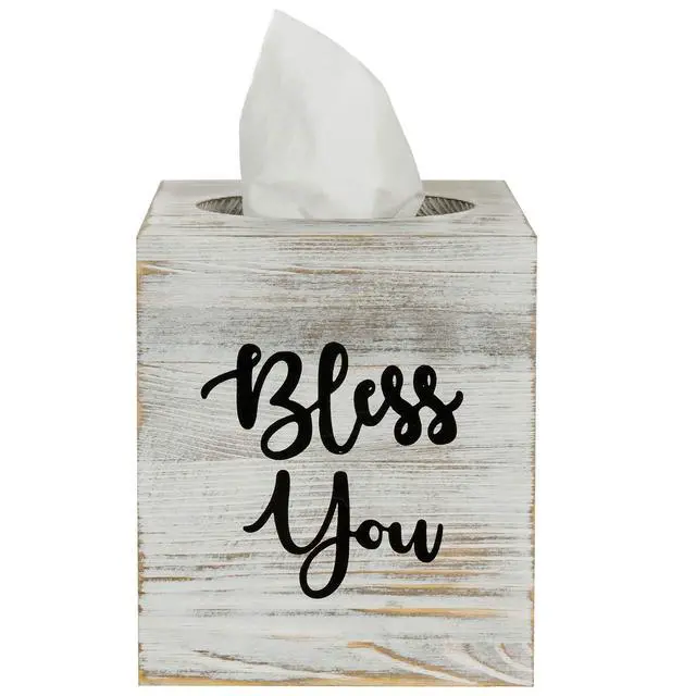 Alt view image 7 of 7 - White Washed Solid Wood Square Tissue Box Cover Holder Decorative Tissue Dispenser Bath Decor with Bless You Design and Easy Refill Slide Out Bottom