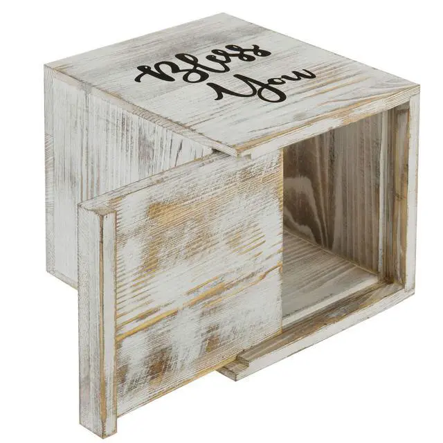 Alt view image 6 of 7 - White Washed Solid Wood Square Tissue Box Cover Holder Decorative Tissue Dispenser Bath Decor with Bless You Design and Easy Refill Slide Out Bottom