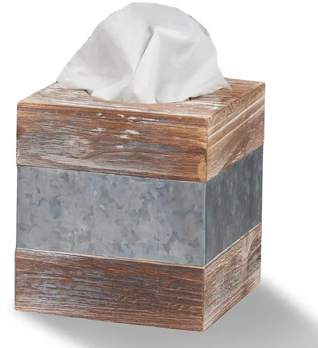 Main image of Rustic Wood and Metal Tissue Box Cover Holder, 6"x6"