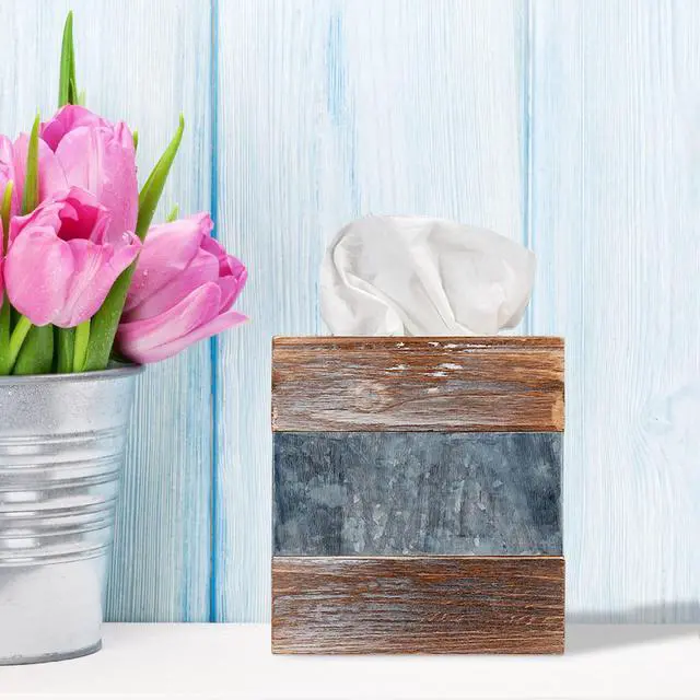 Alt view image 2 of 5 - Rustic Wood and Metal Tissue Box Cover Holder, 6"x6"