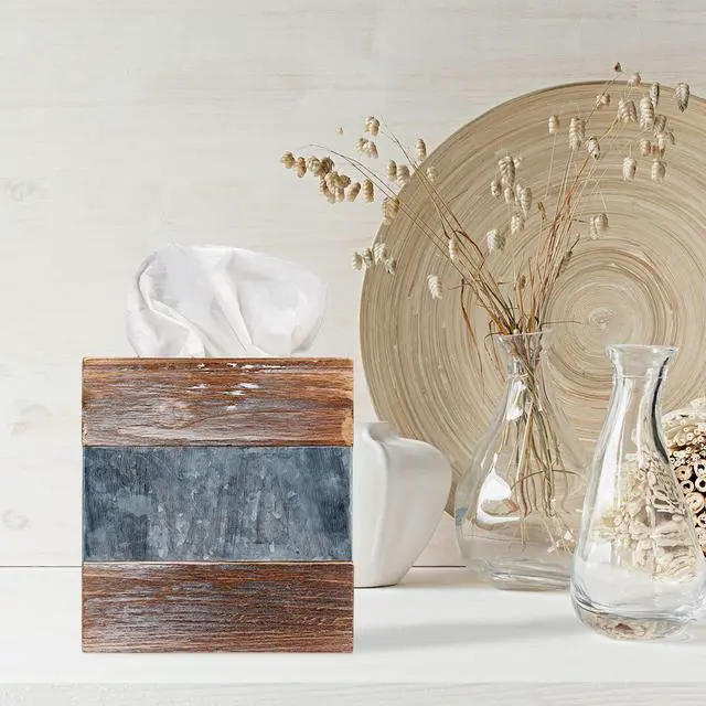 Alt view image 3 of 5 - Rustic Wood and Metal Tissue Box Cover Holder, 6"x6"