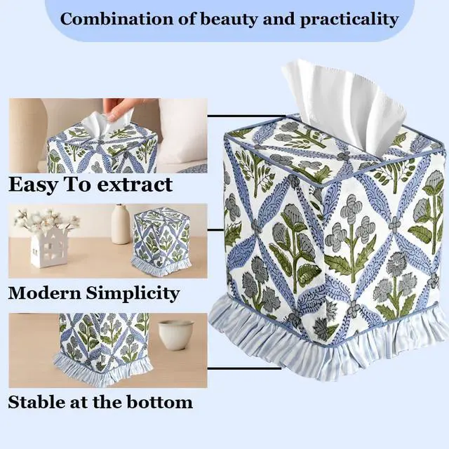 Alt view image 2 of 7 - Light Steel Blue Block Print Ruffle Tissue Box Cover Handmade Cotton Decorative Square Napkin Holder for Home Bedroom Living Room Bathroom Vanity Countertop Car Office Kitchen