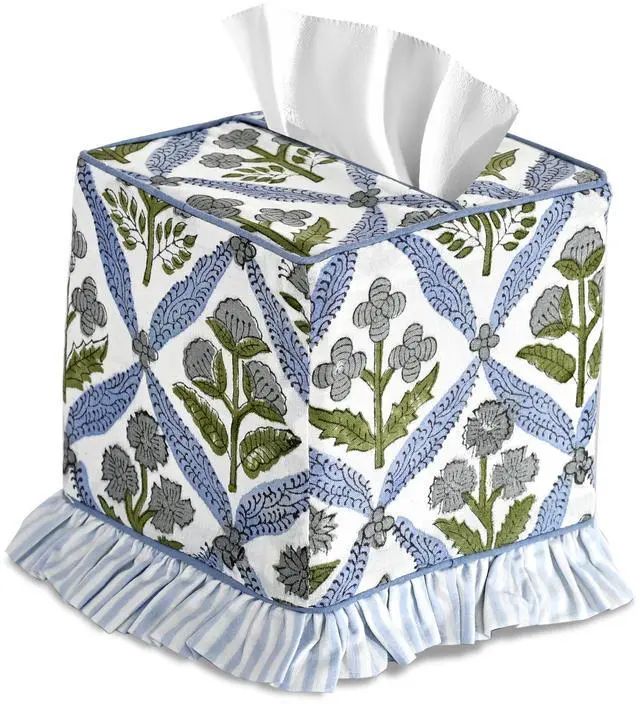 Main image of Light Steel Blue Block Print Ruffle Tissue Box Cover Handmade Cotton Decorative Square Napkin Holder for Home Bedroom Living Room Bathroom Vanity Countertop Car Office Kitchen